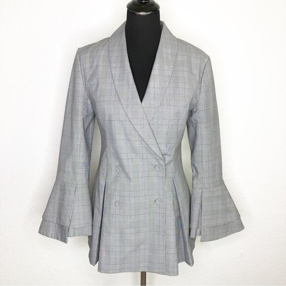C/MEO Cooperative We Woke Up micro plaid ruffle double breast blazer Medium NWOT - Picture 1 of 16